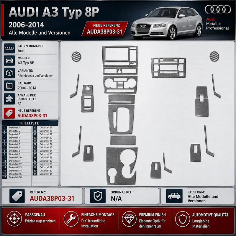 Audi A3 Typ 8P 2006-2014 3D kit décoration intérieure tableau de bord 31 pièces
