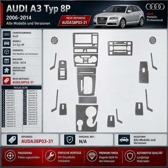Audi A3 Typ 8P 2006-2014 3D kit décoration intérieure tableau de bord 31 pièces