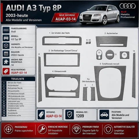 Audi A3 Typ 8P 2003 - à aujourd’hui 3D kit décoration intérieure tableau de bord 14 pièces