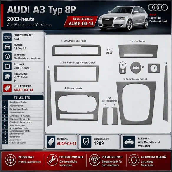 Audi A3 Typ 8P 2003 - à aujourd’hui 3D kit décoration intérieure tableau de bord 14 pièces