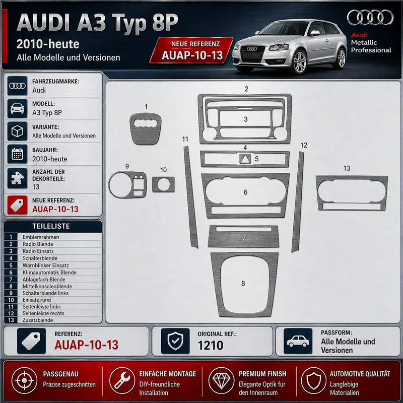 Audi A3 Typ 8P 2010 - à aujourd’hui 3D kit décoration intérieure tableau de bord 13 pièces