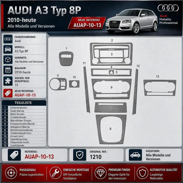 Audi A3 Typ 8P 2010 - à aujourd’hui 3D kit décoration intérieure tableau de bord 13 pièces