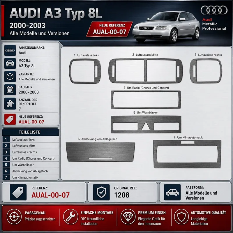Audi A3 Typ 8L 2000-2003 3D kit décoration intérieure tableau de bord 7 pièces