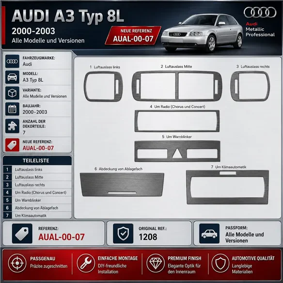 Audi A3 Typ 8L 2000-2003 3D kit décoration intérieure tableau de bord 7 pièces
