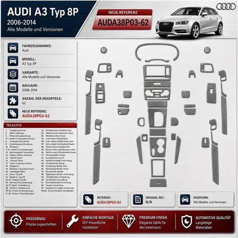 Audi A3 Typ 8P 2006-2014 3D kit décoration intérieure tableau de bord 62 pièces