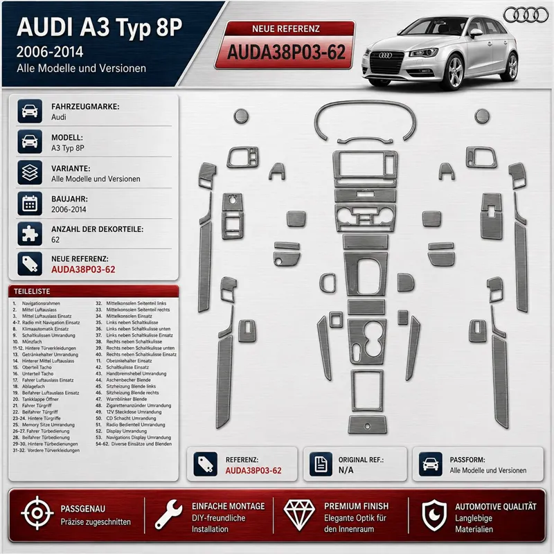 Audi A3 Typ 8P 2006-2014 3D kit décoration intérieure tableau de bord 62 pièces