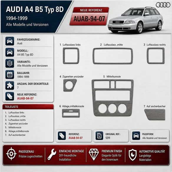 Audi A4 B5 Typ 8D 1994-1999 3D kit décoration intérieure tableau de bord 7 pièces