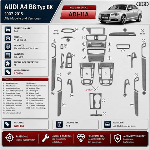 Audi A4 B8 Typ 8K 2007-2015 3D kit décoration intérieure tableau de bord 32 pièces