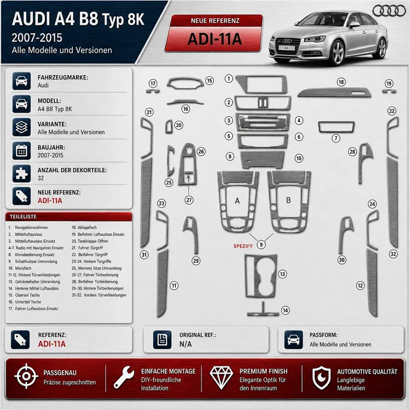 Audi A4 B8 Typ 8K 2007-2015 3D kit décoration intérieure tableau de bord 32 pièces