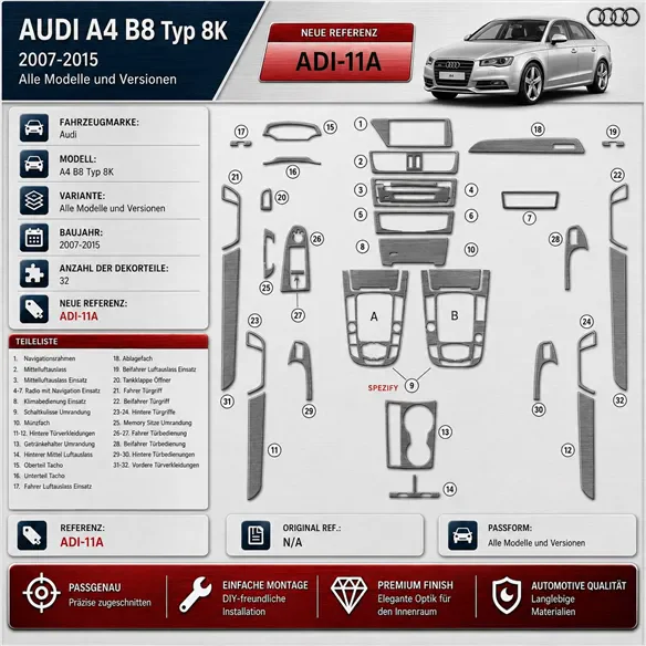 Audi A4 B8 Typ 8K 2007-2015 3D kit décoration intérieure tableau de bord 32 pièces