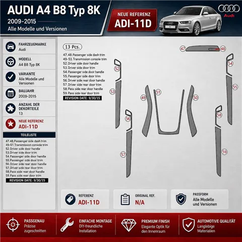 Audi A4 B8 Typ 8K 2009-2015 3D kit décoration intérieure tableau de bord 13 pièces