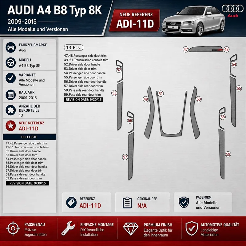 Audi A4 B8 Typ 8K 2009-2015 3D kit décoration intérieure tableau de bord 13 pièces
