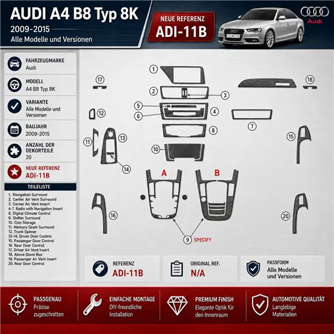 Audi A4 B8 Typ 8K 2009-2015 3D kit décoration intérieure tableau de bord 20 pièces