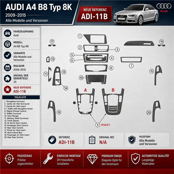 Audi A4 B8 Typ 8K 2009-2015 3D kit décoration intérieure tableau de bord 20 pièces