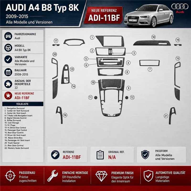 Audi A4 B8 Typ 8K 2009-2015 3D kit décoration intérieure tableau de bord 22 pièces