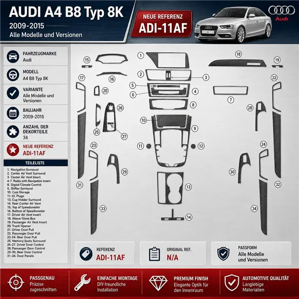 Audi A4 B8 Typ 8K 2009-2015 3D kit décoration intérieure tableau de bord 34 pièces