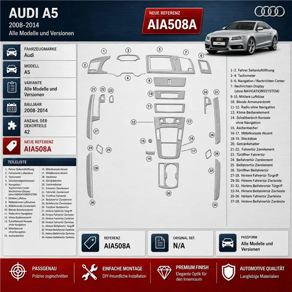 Audi A5 2008-2014 Hatchback 3D kit décoration intérieure tableau de bord 42 pièces