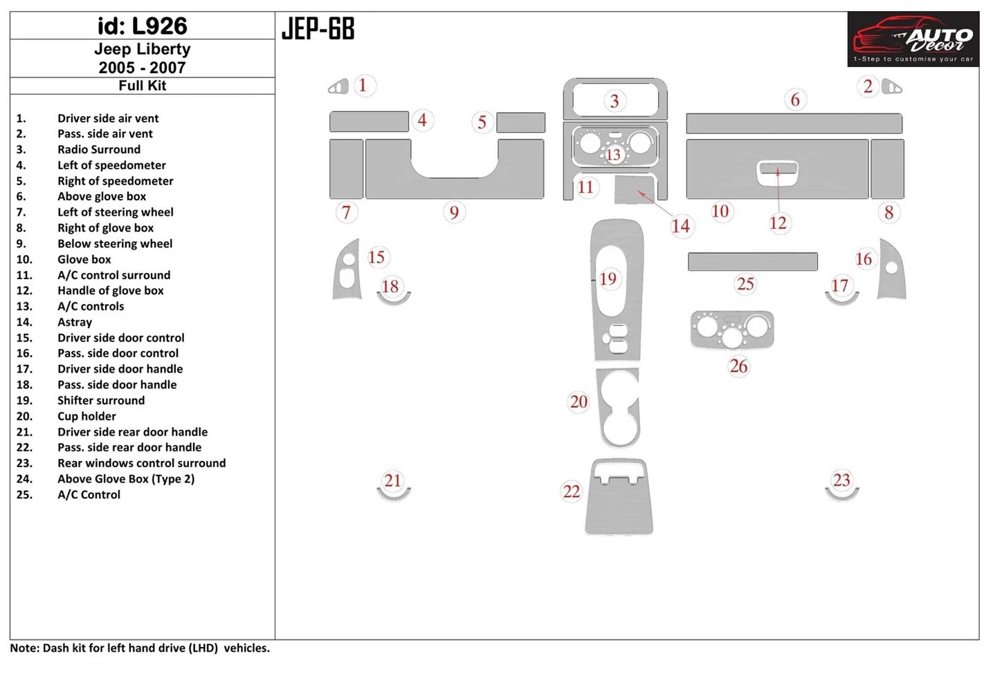 Jeep Liberty 2005-2007 Ensemble Complet BD Kit la décoration du tableau de bord - 1 - habillage decor de tableau de bord