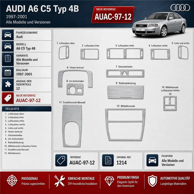 Audi A6 C5 Typ 4B 1997-2001 3D kit décoration intérieure tableau de bord 12 pièces