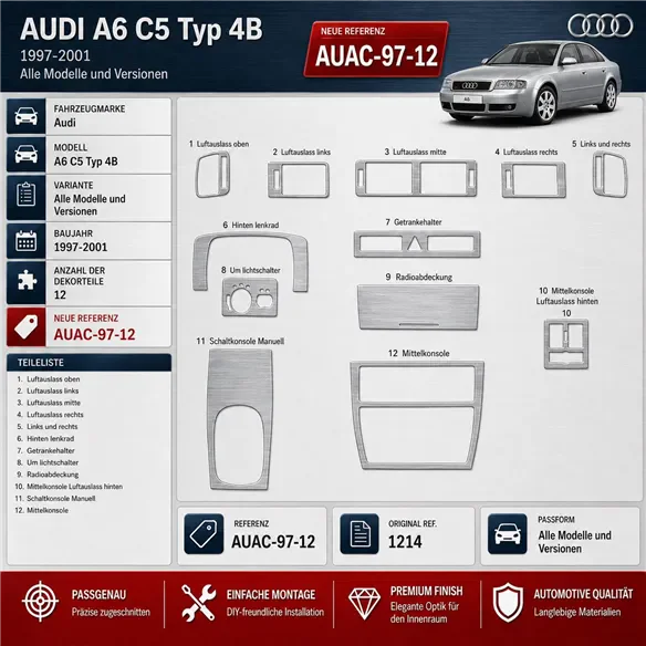 Audi A6 C5 Typ 4B 1997-2001 3D kit décoration intérieure tableau de bord 12 pièces