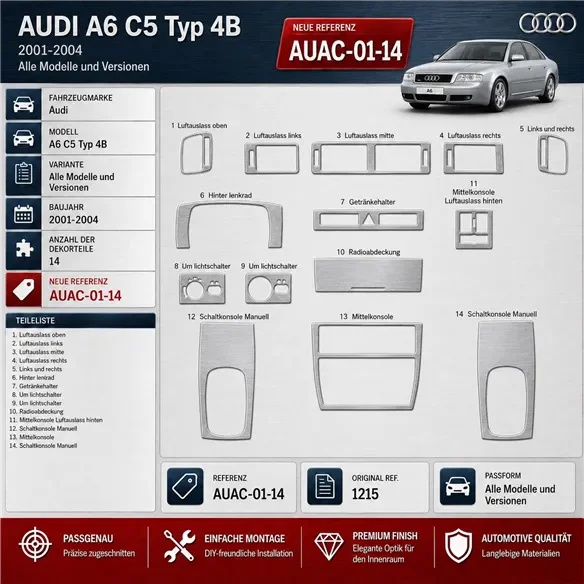 Audi A6 C5 Typ 4B 2001-2004 3D kit décoration intérieure tableau de bord 14 pièces