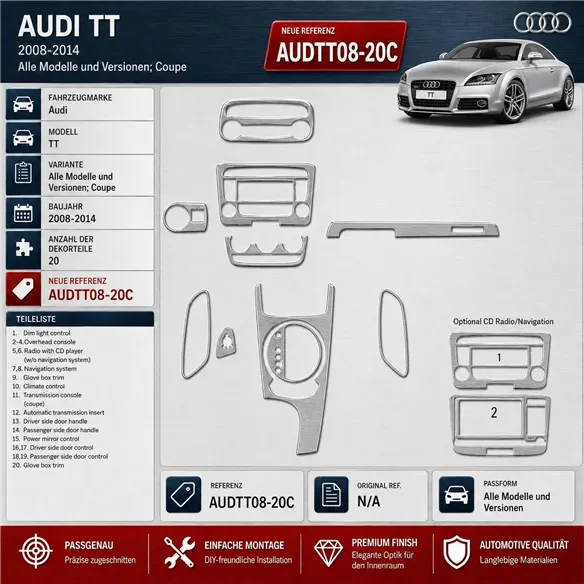 Audi TT 2008-2014-Coupe 3D kit décoration intérieure tableau de bord 20 pièces