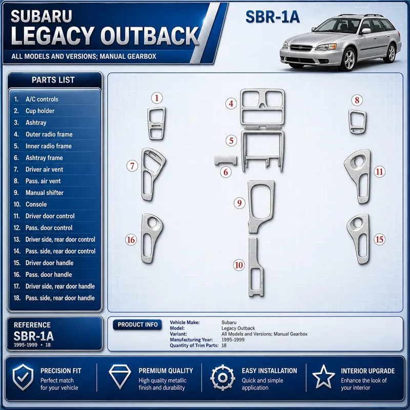 Subaru Legacy Outback 1995-1999 boîte manuelle, 18 pièces kit décoration intérieure tableau de bord