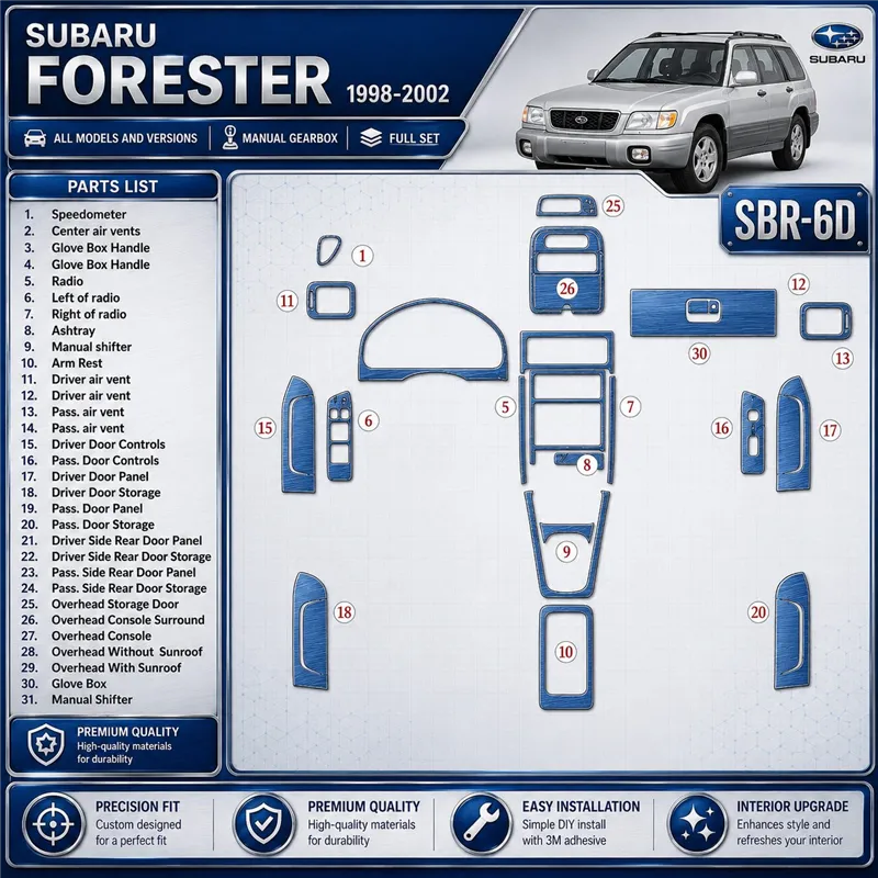 Subaru Forester 1998-2002 boîte manuelle, kit complet, 31 pièces kit décoration intérieure tableau de bord