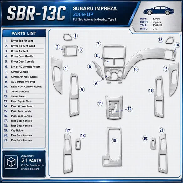 Subaru Impreza 2009 - à aujourd’hui kit complet, boîte automatique Type 1 kit décoration intérieure tableau de bord