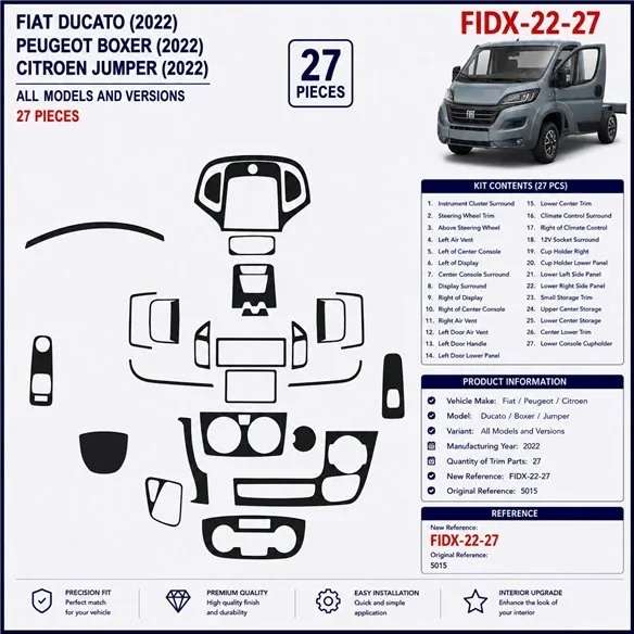 Fiat Ducato 2022 kit décor tableau de bord 3D, 27 pièces
