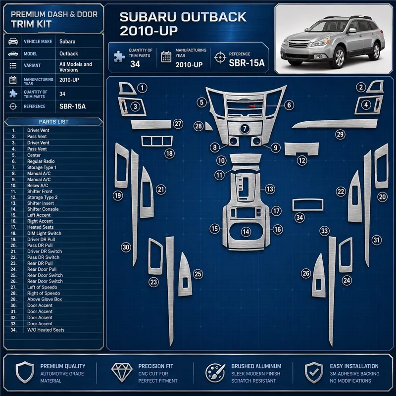 Subaru Legacy 2010-2014 3D kit décoration intérieure tableau de bord 27 pièces