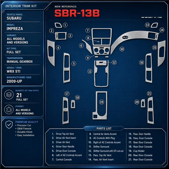 Subaru Impreza 2009 - à aujourd’hui kit complet, boîte manuelle boîte, ?? STI kit décoration intérieure tableau de bord
