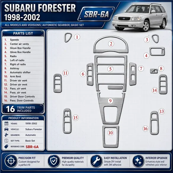 Subaru Forester 1998-2002 boîte automatique, kit de base, 16 pièces kit décoration intérieure tableau de bord