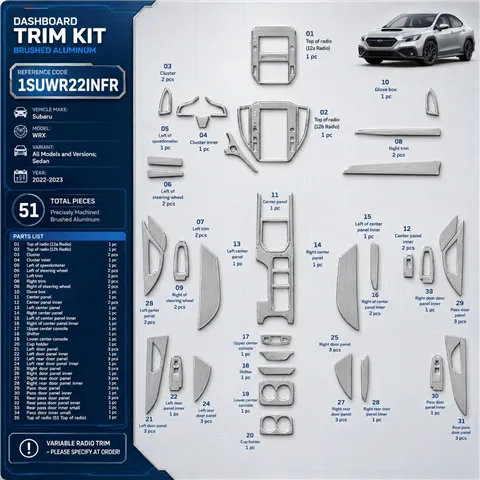 Subaru WRX Sedan 2022-2023 kit décoration intérieure tableau de bord 51 pièces