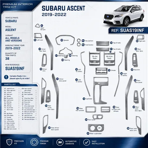Subaru Ascent 2019-2022 kit décoration intérieure tableau de bord kit complet 38 pièces