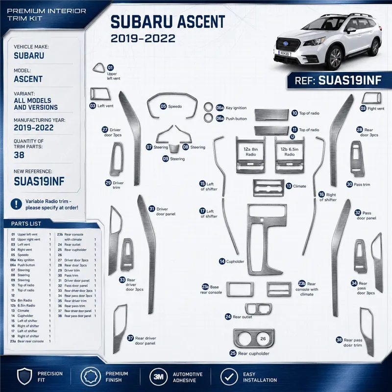 Subaru Ascent 2019-2022 kit décoration intérieure tableau de bord kit complet 38 pièces