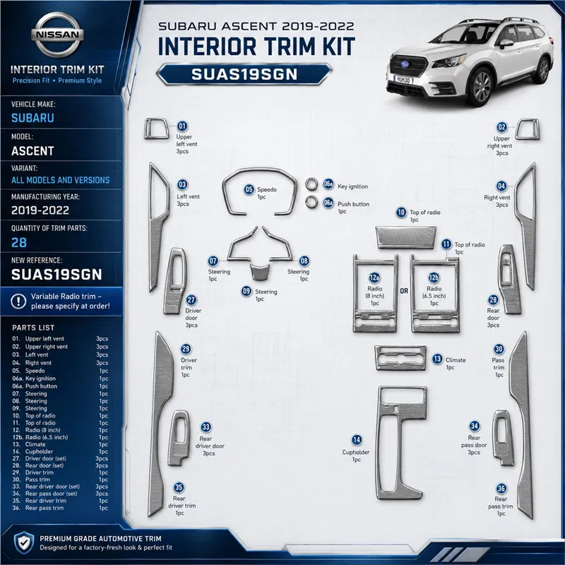 Subaru Ascent 2019-2022 kit décoration intérieure tableau de bord kit complet 28 pièces