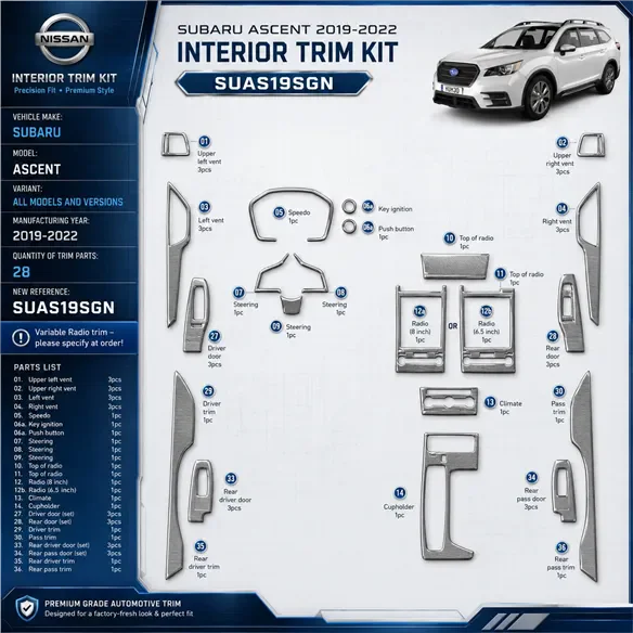 Subaru Ascent 2019-2022 kit décoration intérieure tableau de bord kit complet 28 pièces