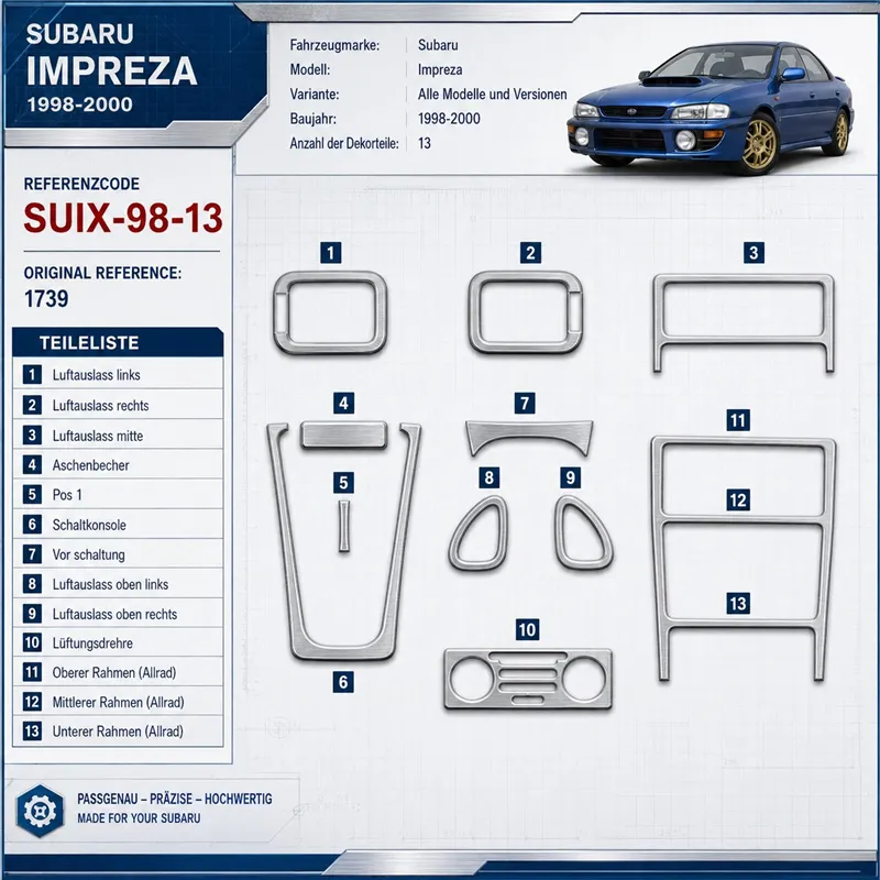 Subaru Impreza 1998-2000 3D kit décoration intérieure tableau de bord 13 pièces