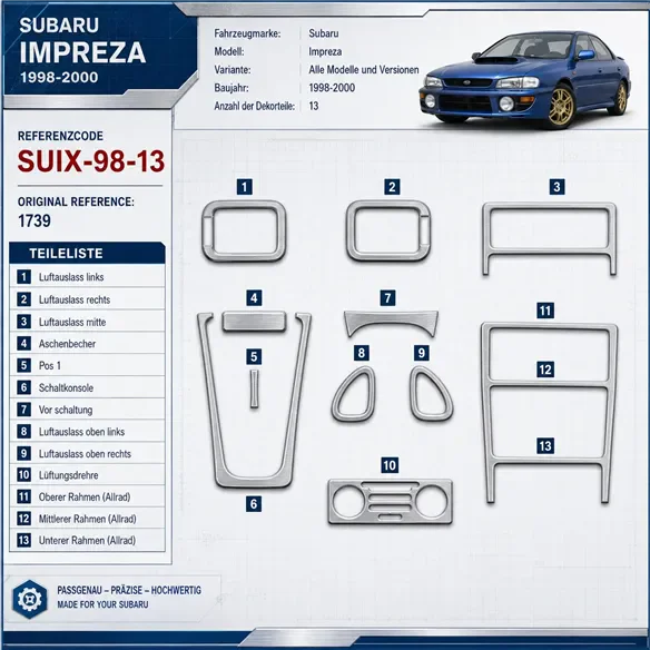 Subaru Impreza 1998-2000 3D kit décoration intérieure tableau de bord 13 pièces
