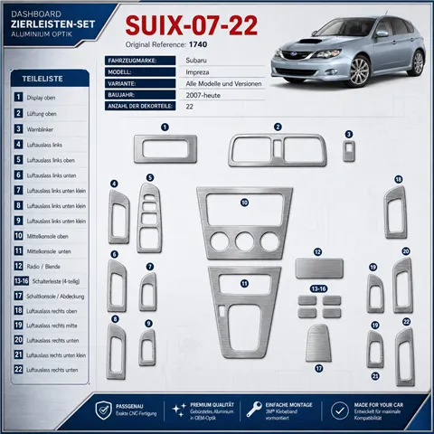 Subaru Impreza 2007 - à aujourd’hui 3D kit décoration intérieure tableau de bord 22 pièces