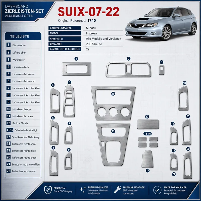 Subaru Impreza 2007 - à aujourd’hui 3D kit décoration intérieure tableau de bord 22 pièces