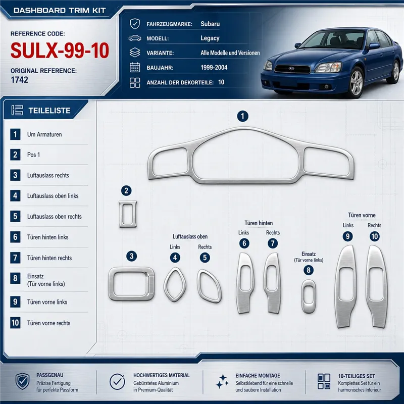 Subaru Legacy 1999-2004 3D kit décoration intérieure tableau de bord 10 pièces
