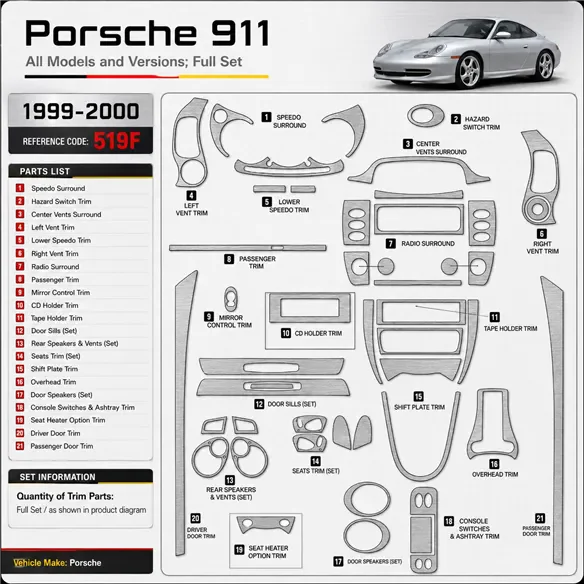 Porsche 911 1999-2000 Full kit décoration intérieure tableau de bord