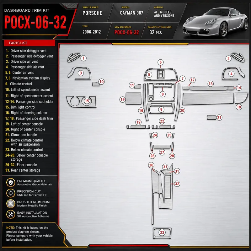 PORSCHE CAYMAN 987 2006-2012 3D kit décoration intérieure tableau de bord 32 pièces
