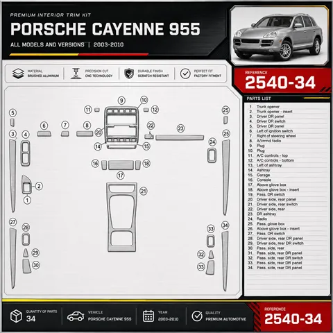 Porsche Cayenne 955 2003-2010 3D kit décoration intérieure tableau de bord 34 pièces