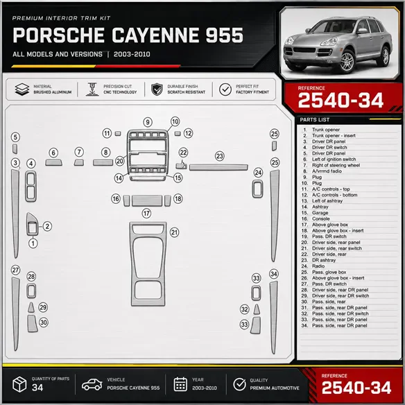 Porsche Cayenne 955 2003-2010 3D kit décoration intérieure tableau de bord 34 pièces