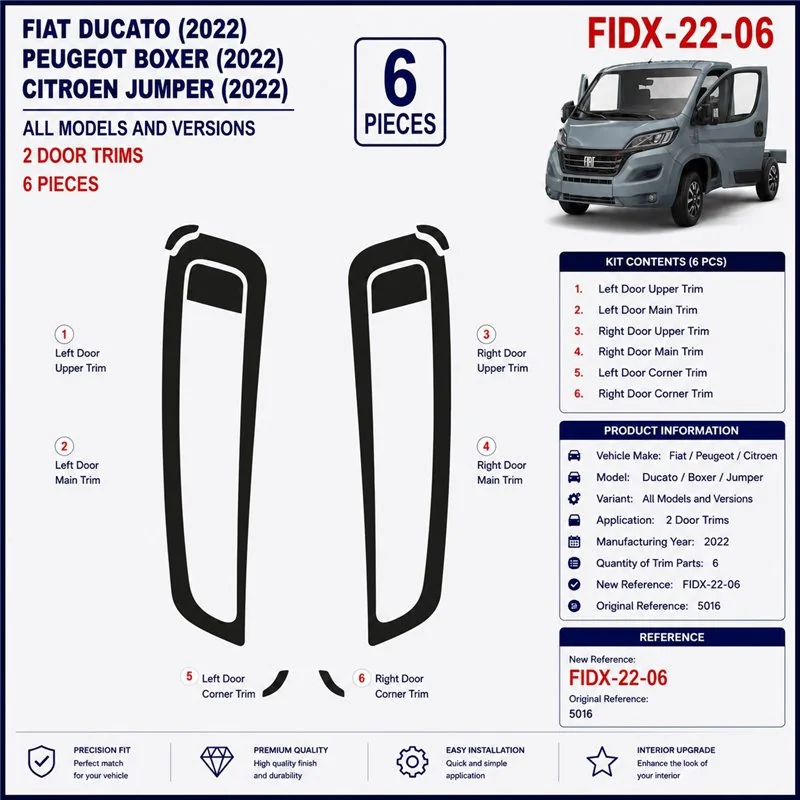 Fiat Ducato 2022 portes kit décor tableau de bord 3D, 6 pièces