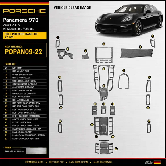 Porsche Panamera 2009-2015 3D kit décoration intérieure tableau de bord 22 pièces