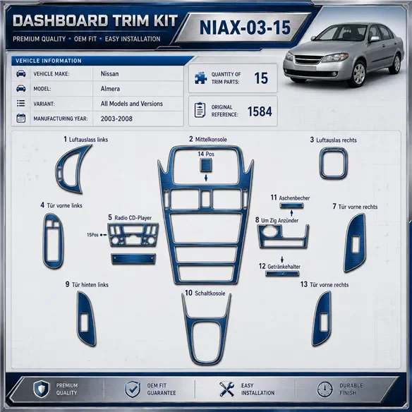 Nissan Almera 2003-2008 3D kit décoration intérieure tableau de bord 15 pièces
